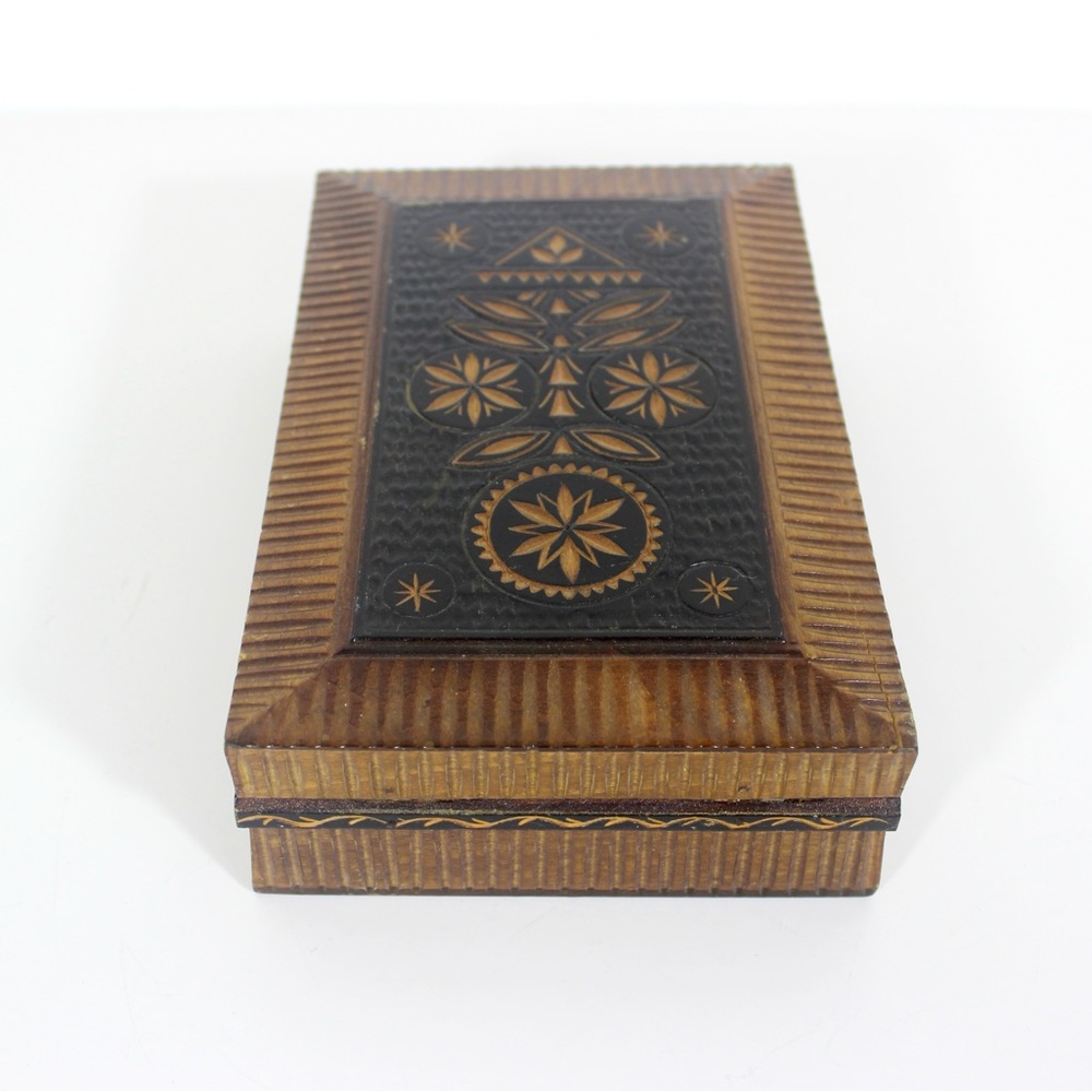 Vintage Carved Wood Folk Art Trinket or Jewelry Box